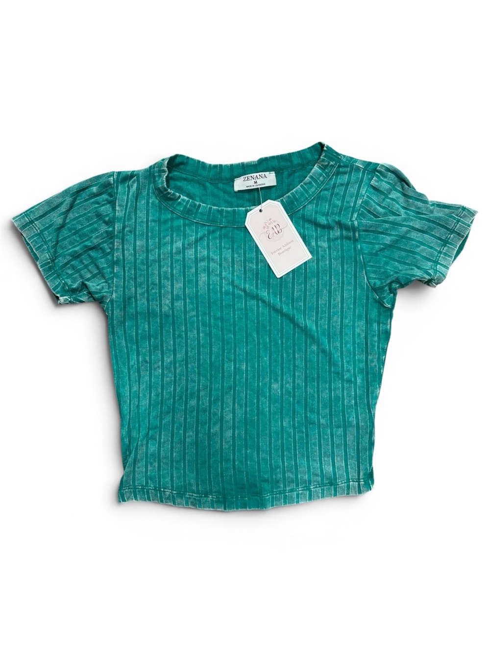 Zenana Outfitters Green Ribbed Short Sleeve Top